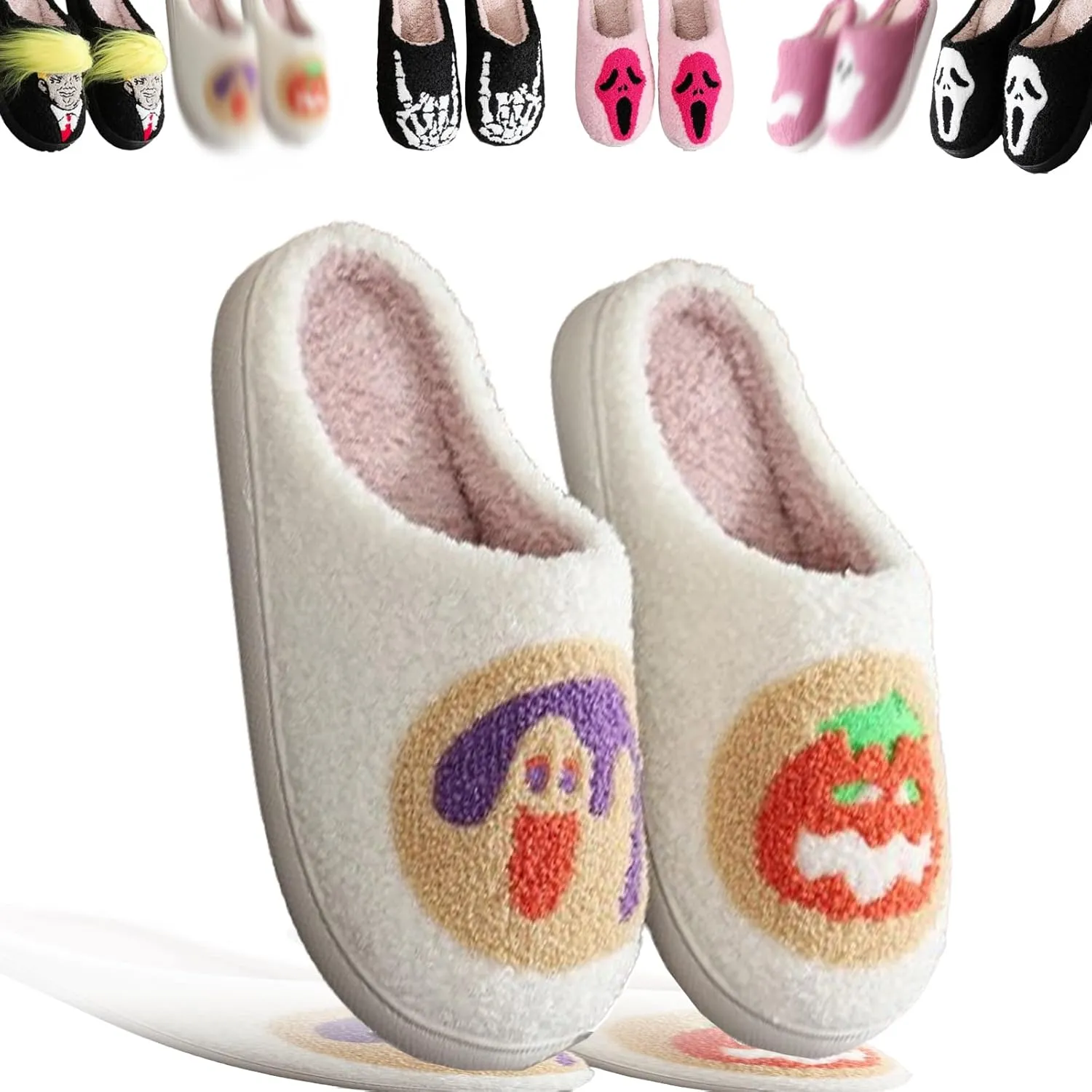 2024 New Halloween Cookie Slippers, Women's Men's Fuzzy Memory Foam Slippers Cozy Plush Spooky Slippers for Winter