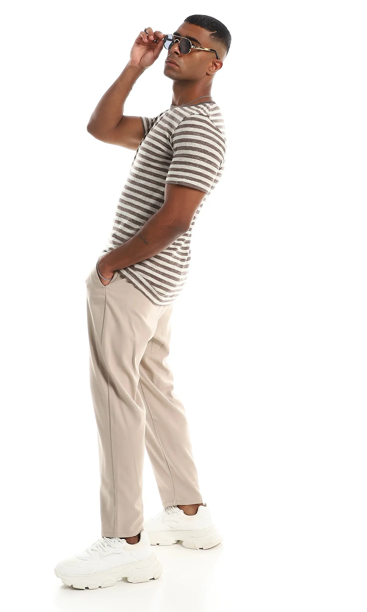 97938 Heather Horizontal Stripe Brown & Beige T-Shirt