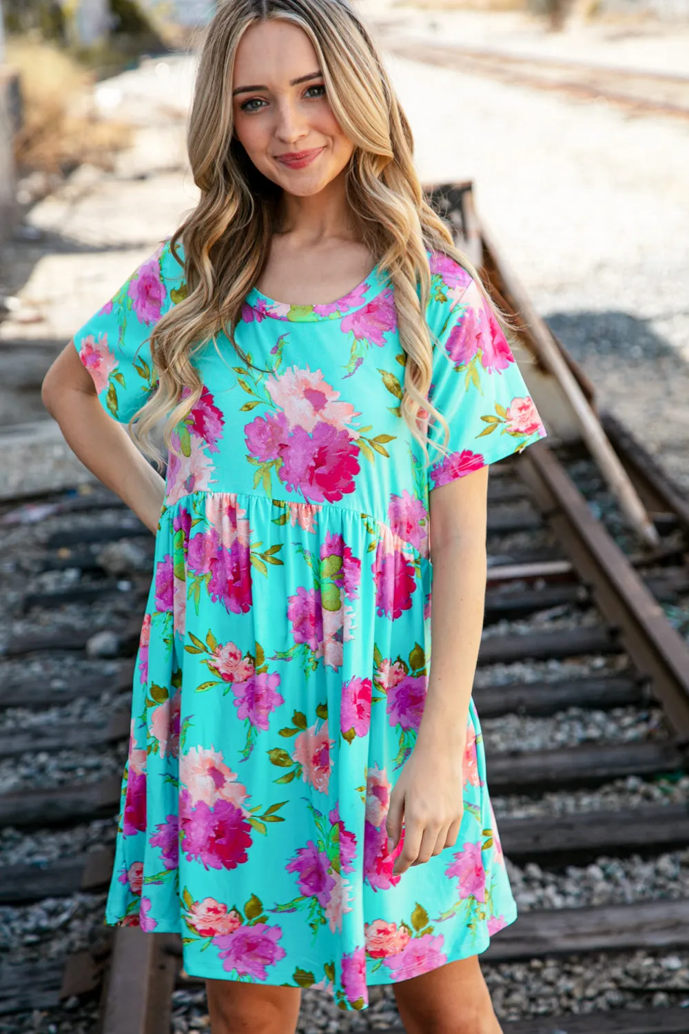 Aqua Floral Fit & Flare Babydoll Pocketed Dress
