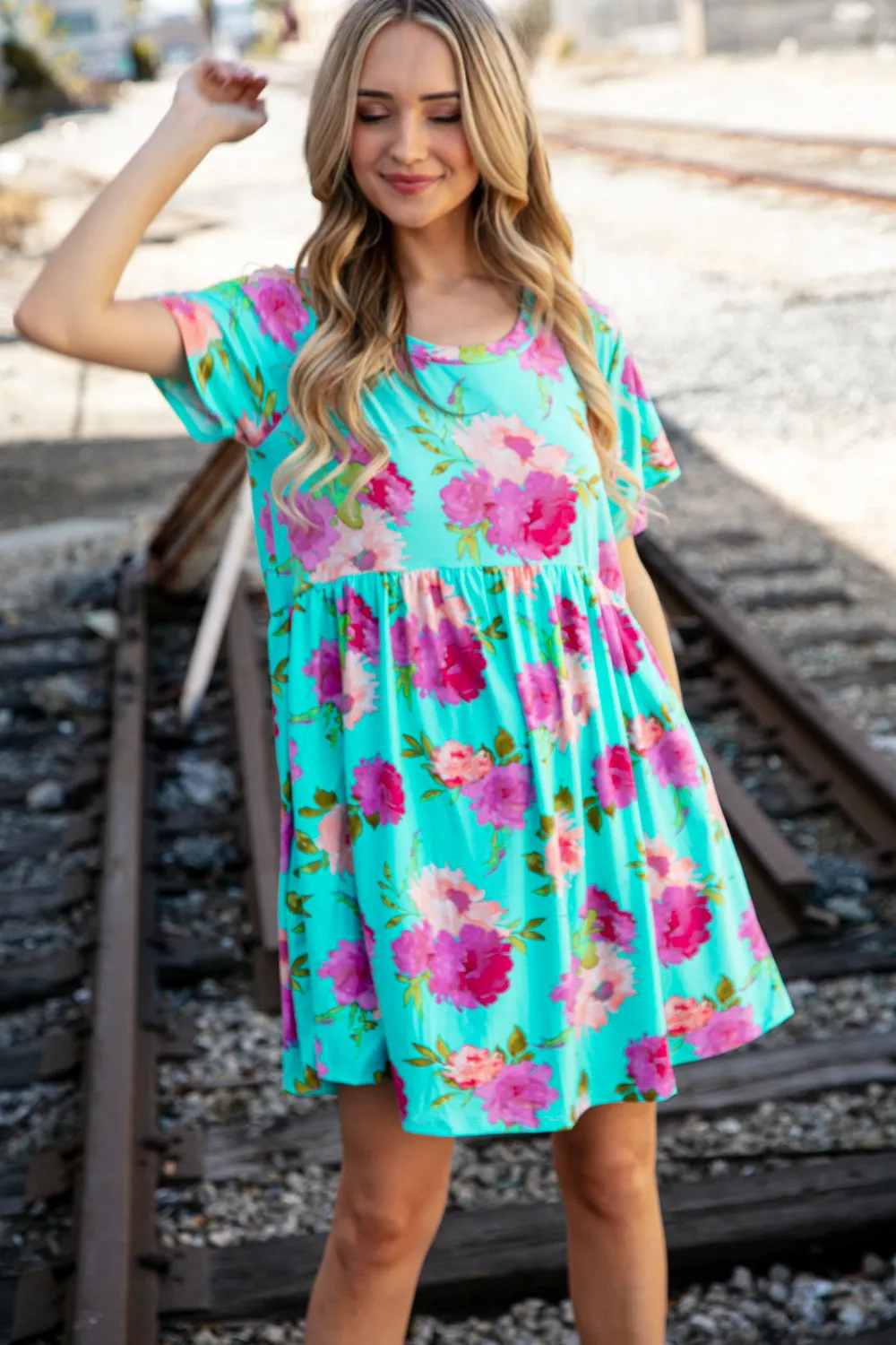 Aqua Floral Fit & Flare Babydoll Pocketed Dress
