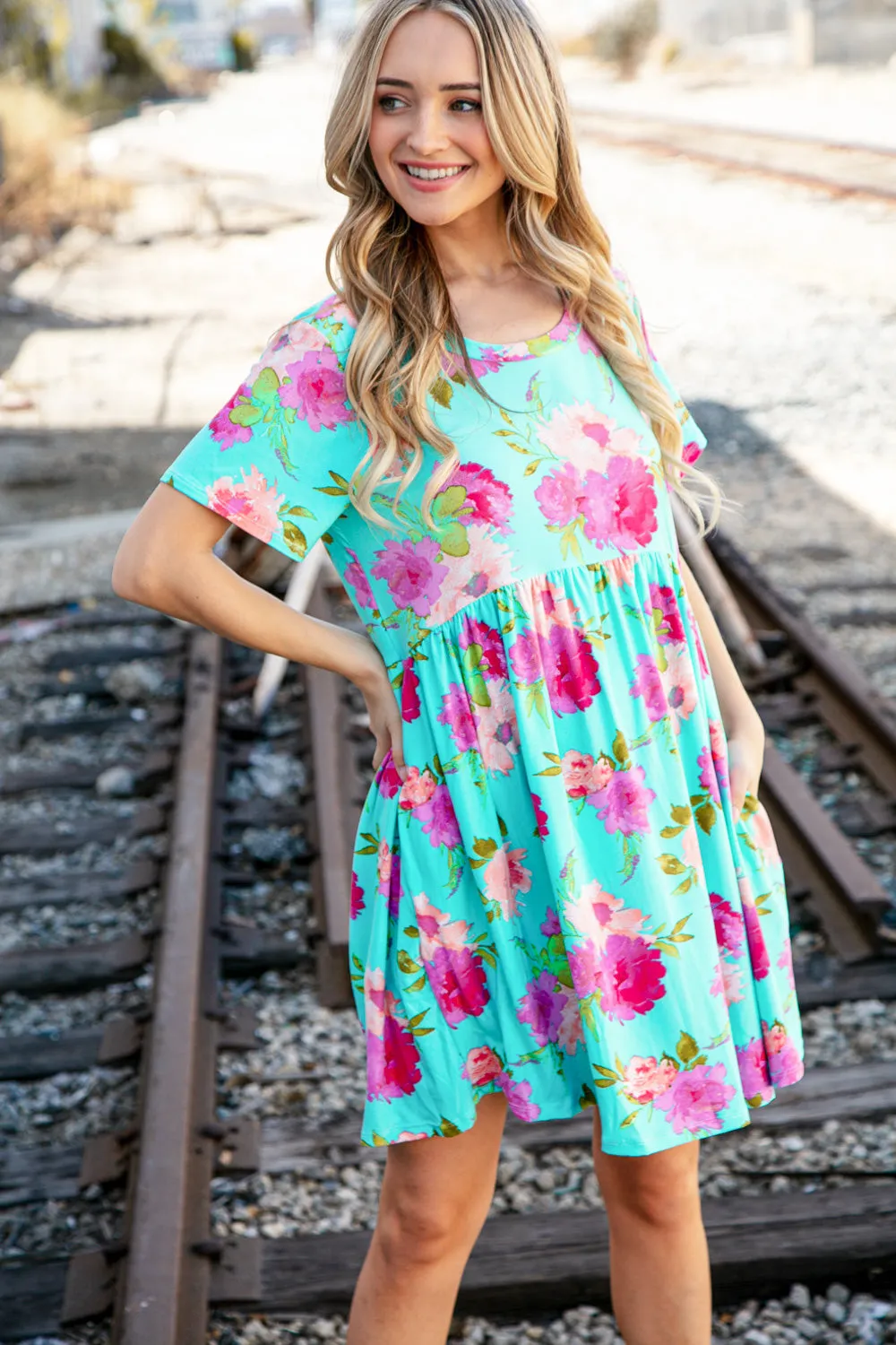 Aqua Floral Fit & Flare Babydoll Pocketed Dress