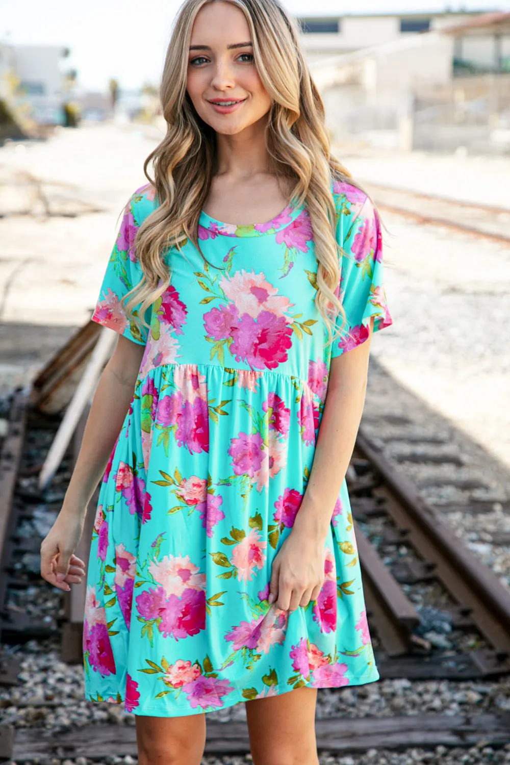 Aqua Floral Fit & Flare Babydoll Pocketed Dress