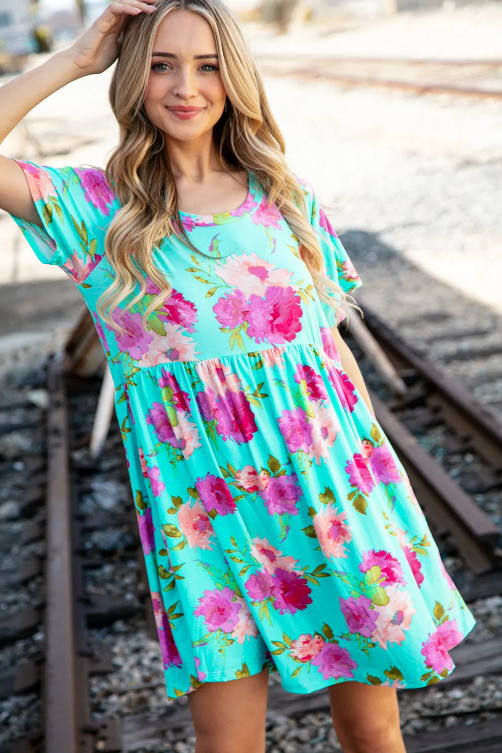 Aqua Floral Fit & Flare Babydoll Pocketed Dress