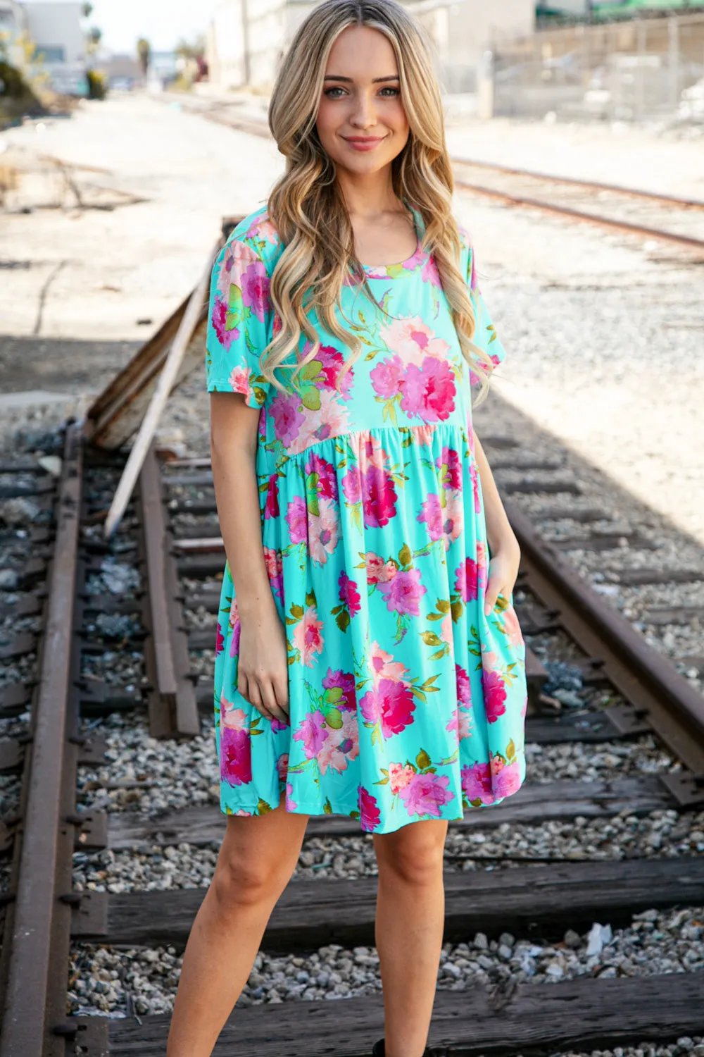 Aqua Floral Fit & Flare Babydoll Pocketed Dress