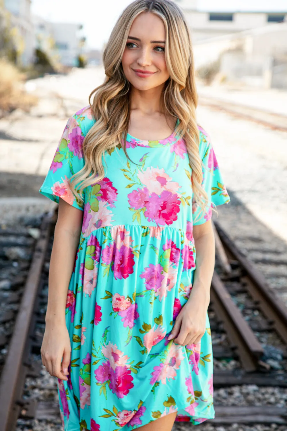 Aqua Floral Fit & Flare Babydoll Pocketed Dress