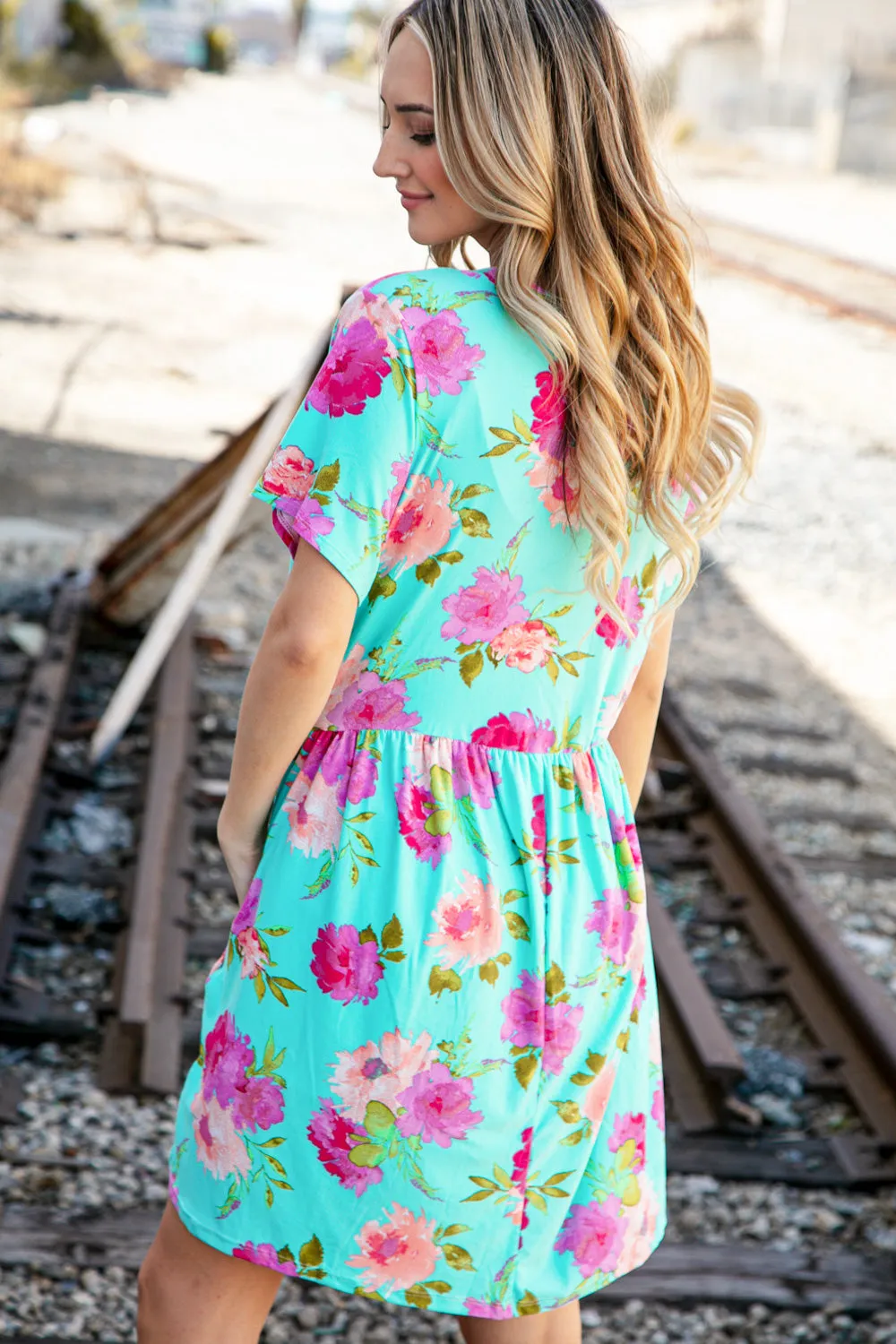 Aqua Floral Fit & Flare Babydoll Pocketed Dress