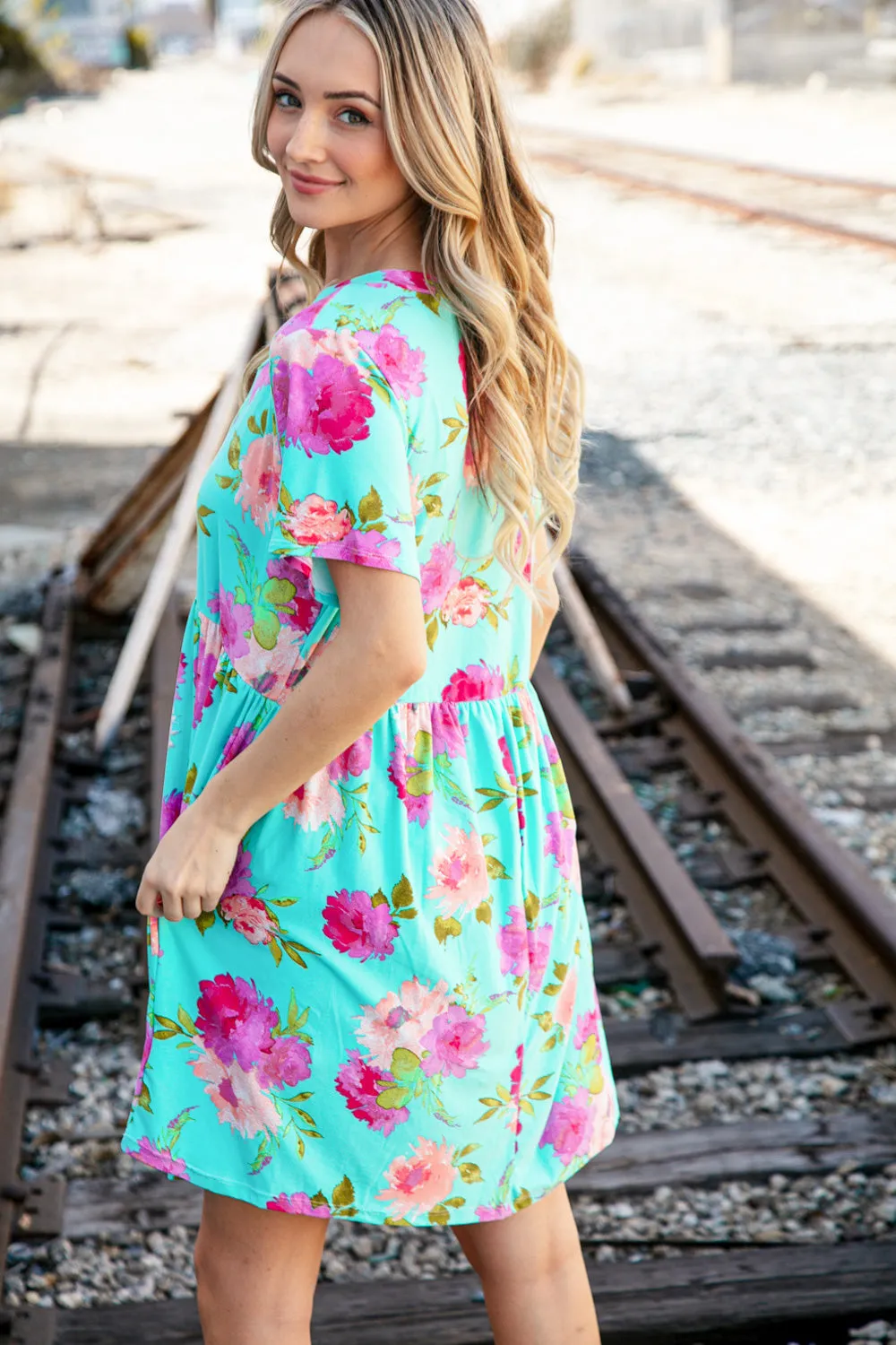 Aqua Floral Fit & Flare Babydoll Pocketed Dress