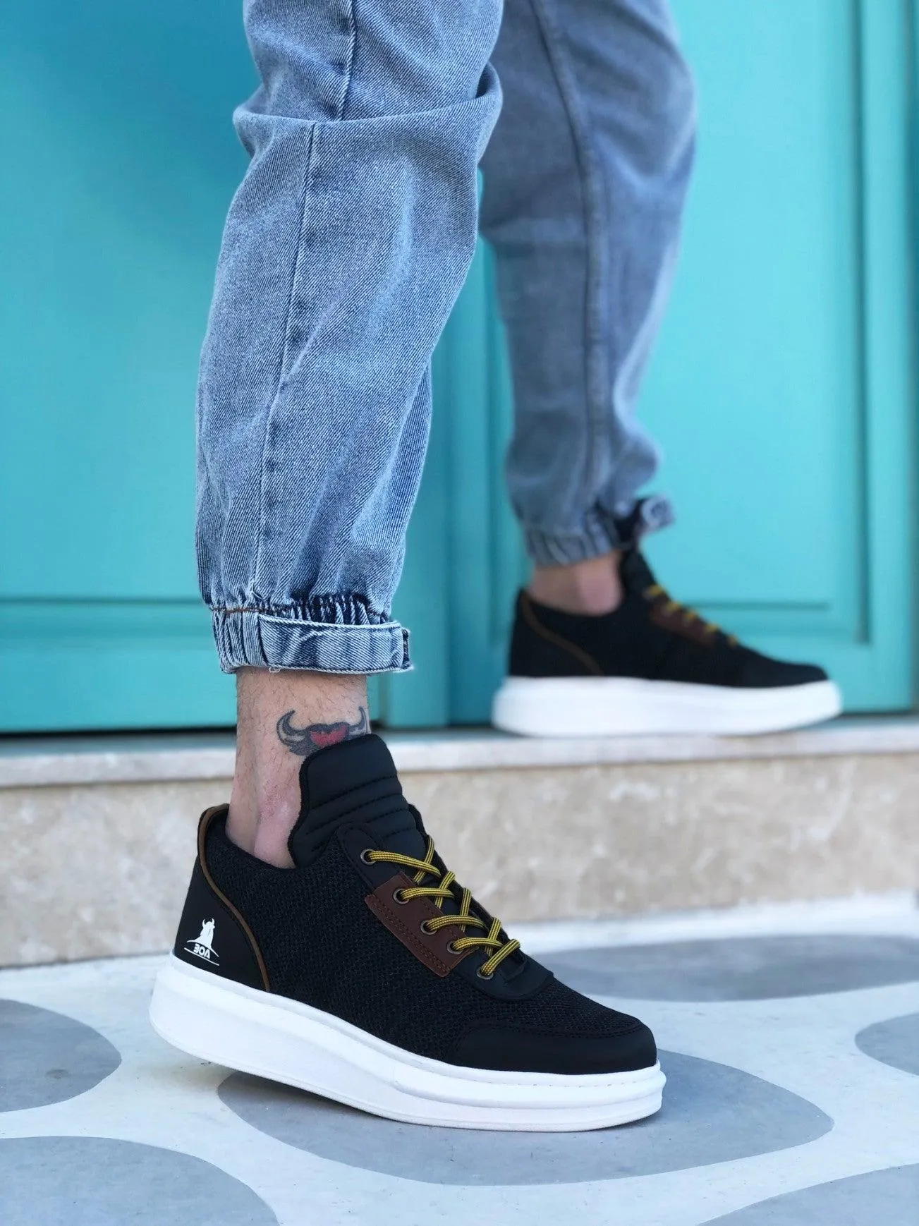 BA0606 Lace-up Comfortable High Sole Black Patterned Casual Men's Sneakers