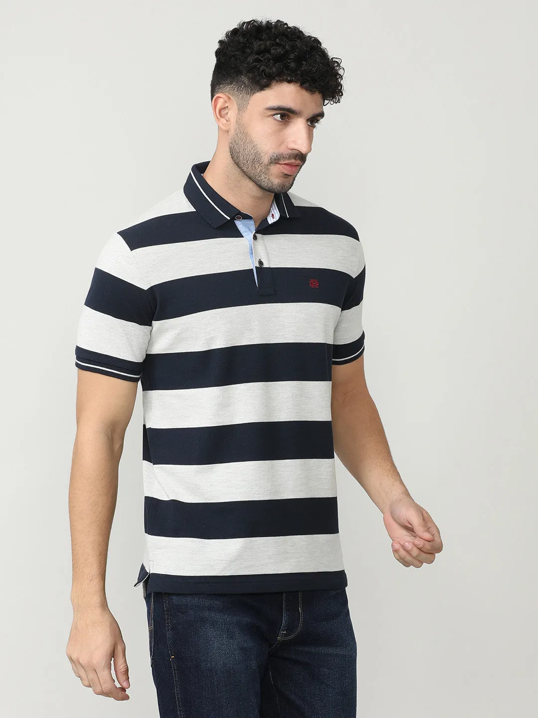 Black Pique Stripes Polo T-shirt With Tipping Collar