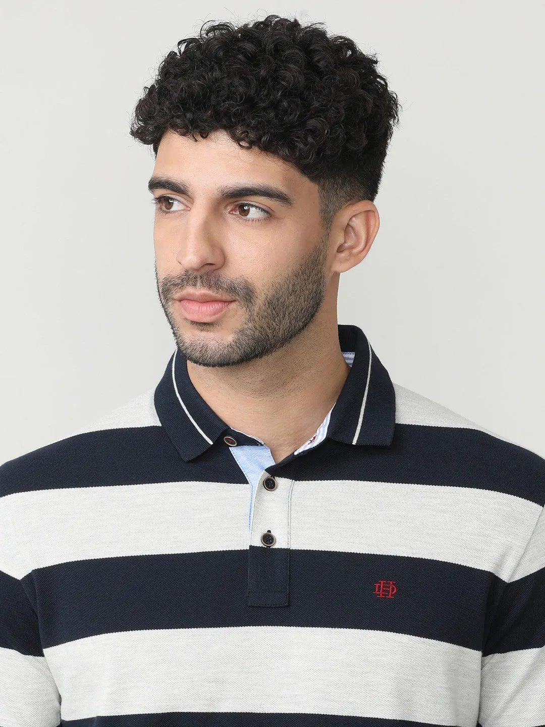 Black Pique Stripes Polo T-shirt With Tipping Collar