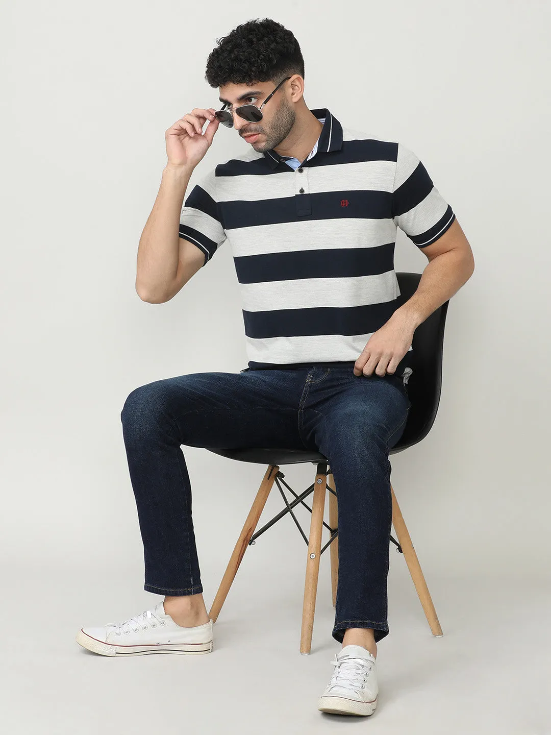 Black Pique Stripes Polo T-shirt With Tipping Collar