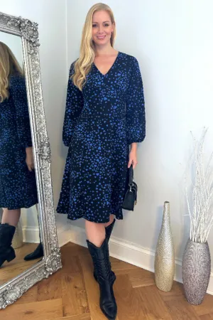Blue Heart Print Flared Hem Dress