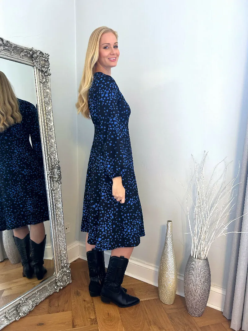Blue Heart Print Flared Hem Dress