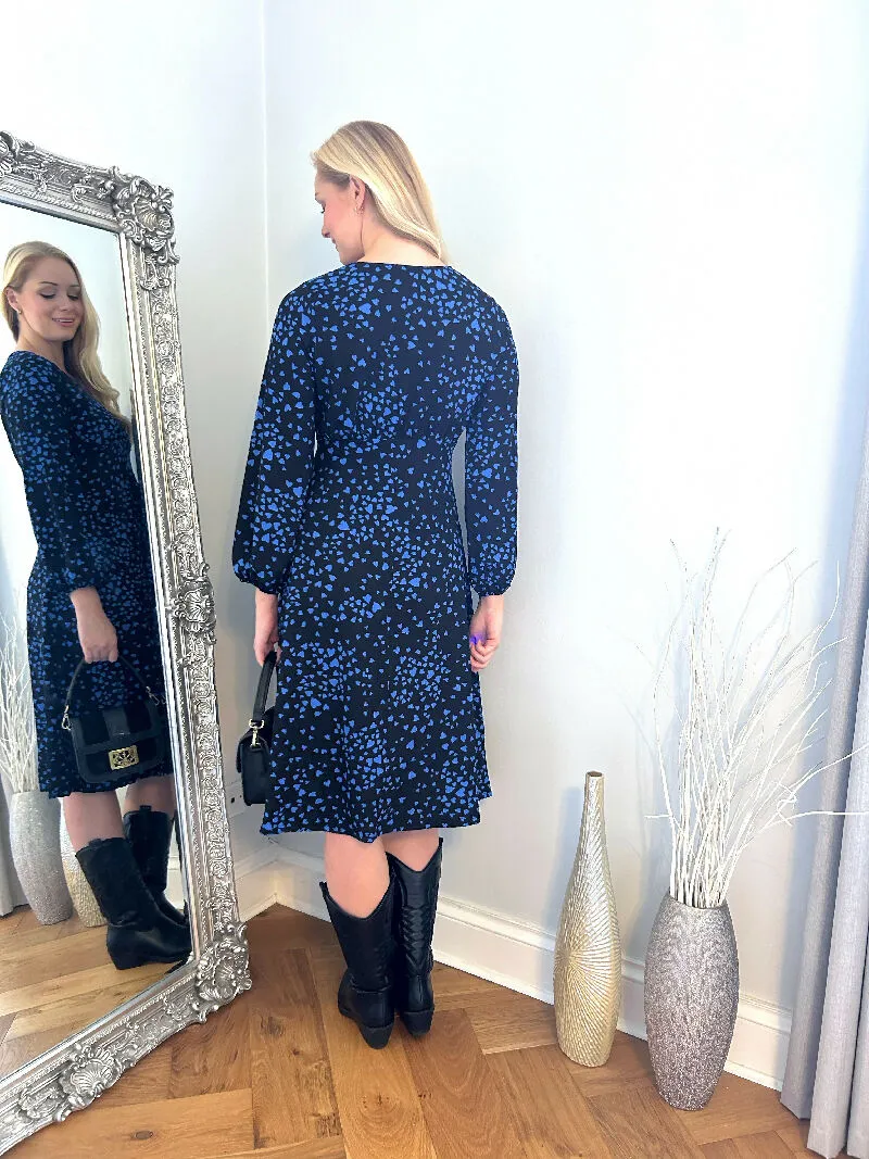 Blue Heart Print Flared Hem Dress
