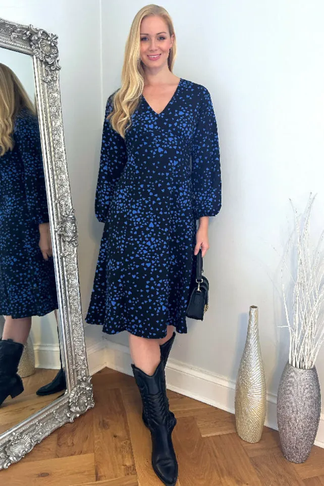 Blue Heart Print Flared Hem Dress