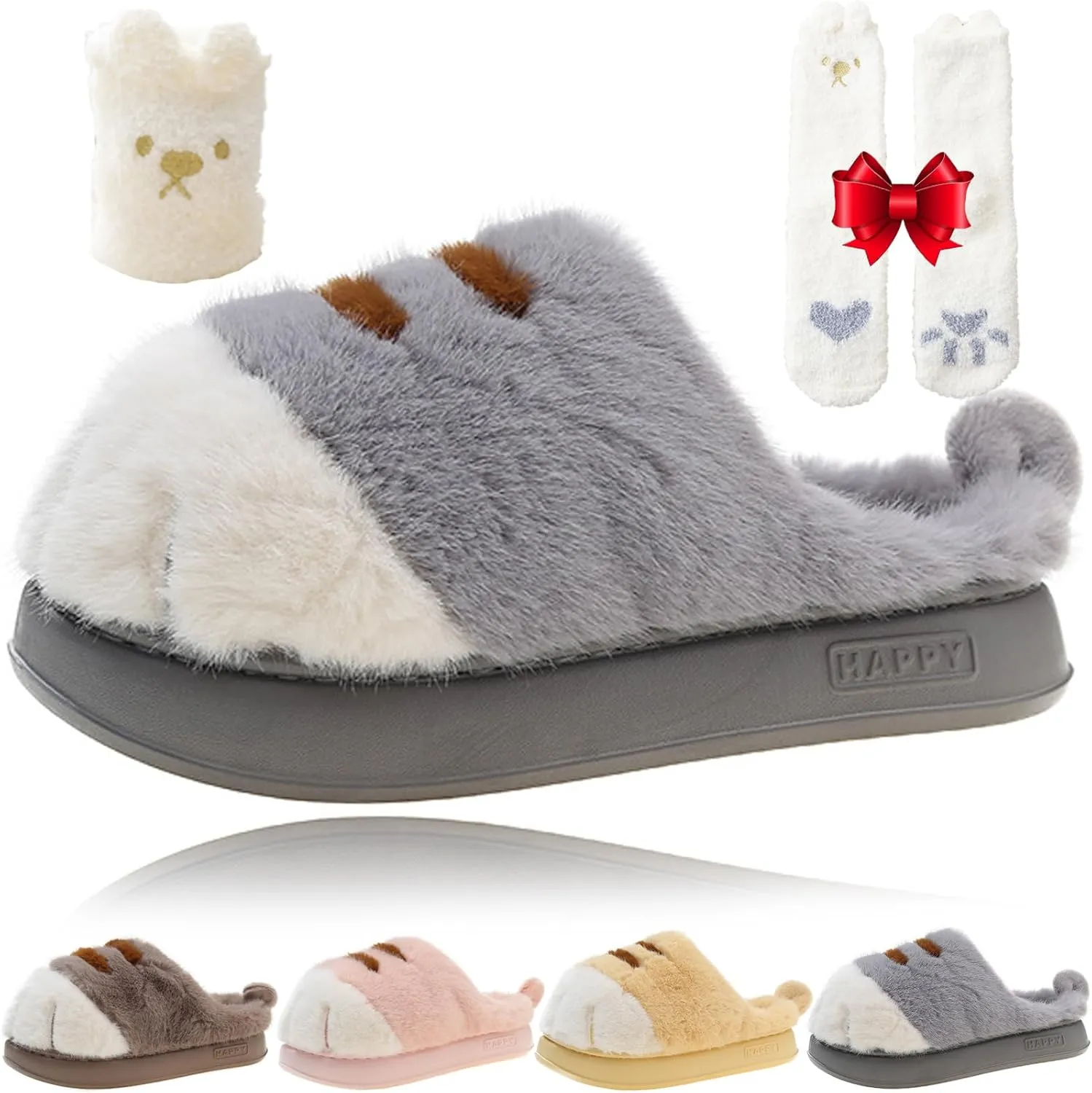 Cat Paw Slippers, 2025 New Cat Paw Slippers for Women, Cat Foot Slippers, Cat Paws Slippers, Warm Cozy Fuzzy Christmas Cat's Paw Slippers