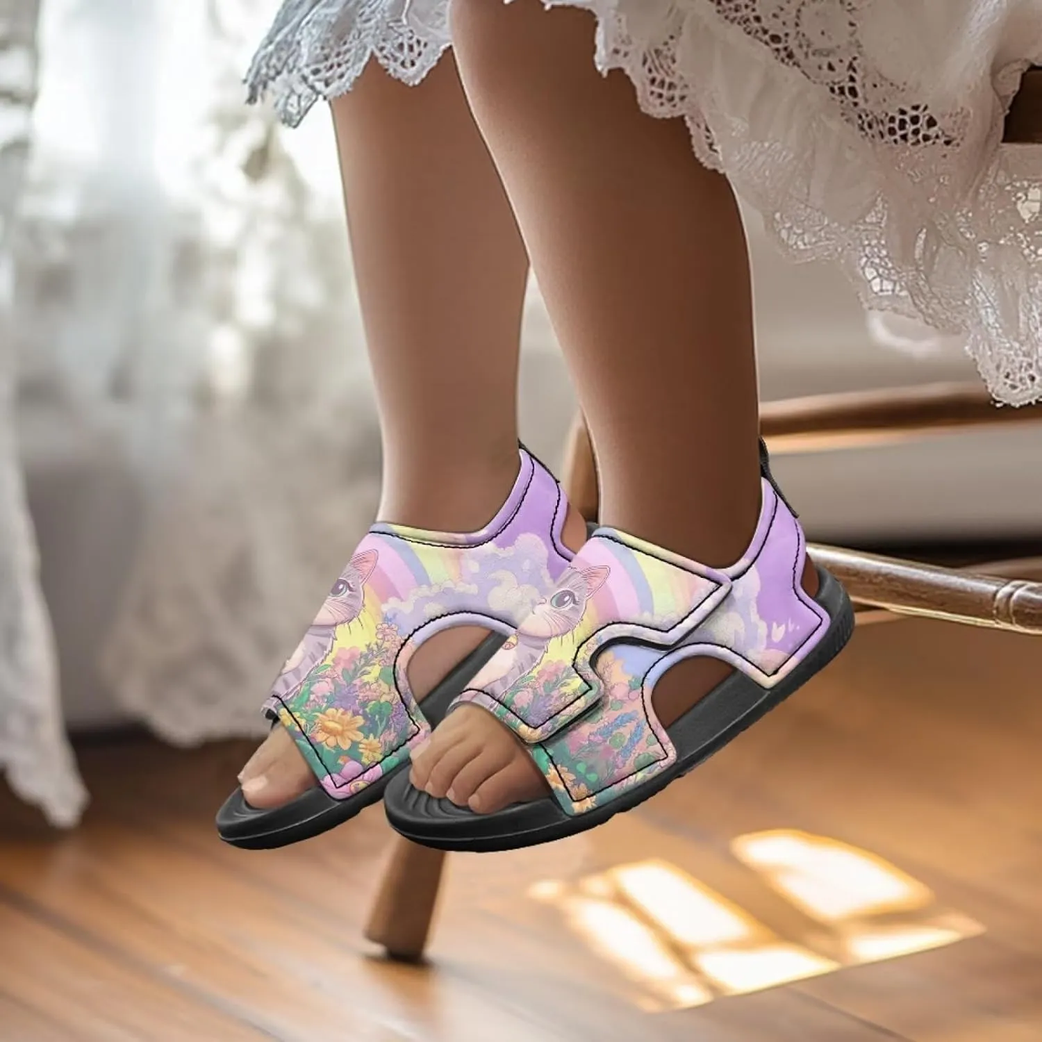 Cat Sport Sandals for Girls,Cute Rainbow Water Shoes Summer Outdoor Athletic Hiking Beach Sandals for Toddler/Little/Big Kids