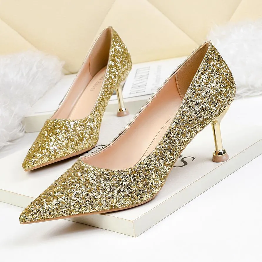 Chicvane Gradient Ramp Sequined Rhinestones Pointed Toe Stiletto Heel Bridal Shoes