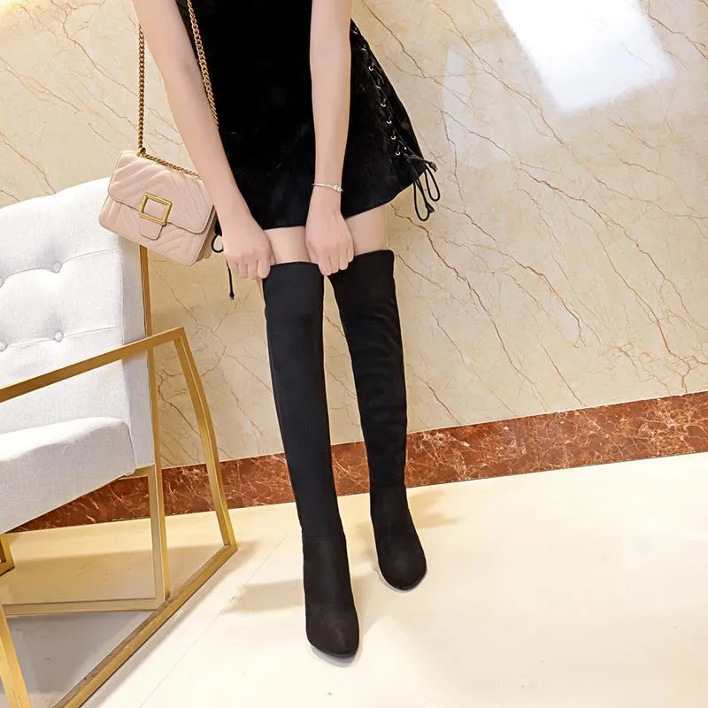 Chicvane New Women's Pointed Toe Slip-On Chunky Heel Over The Knee Boots