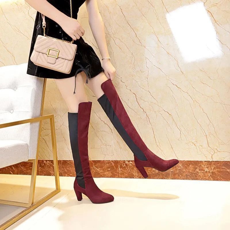 Chicvane New Women's Pointed Toe Slip-On Chunky Heel Over The Knee Boots