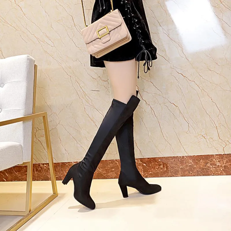 Chicvane New Women's Pointed Toe Slip-On Chunky Heel Over The Knee Boots