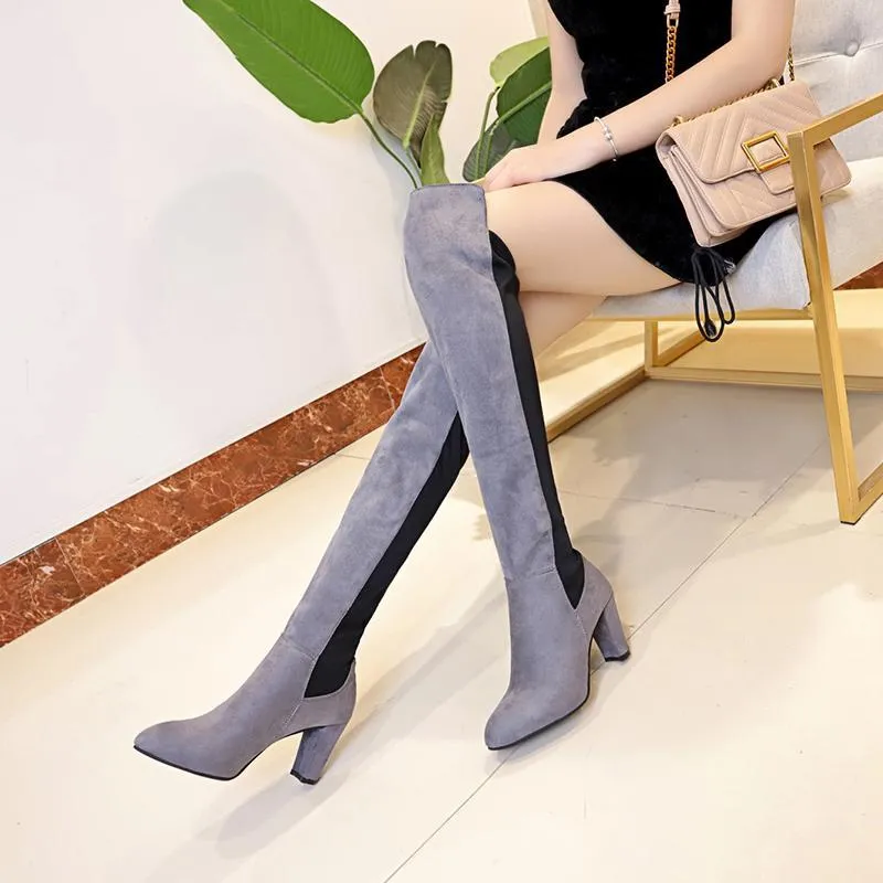 Chicvane New Women's Pointed Toe Slip-On Chunky Heel Over The Knee Boots