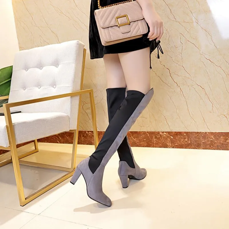 Chicvane New Women's Pointed Toe Slip-On Chunky Heel Over The Knee Boots