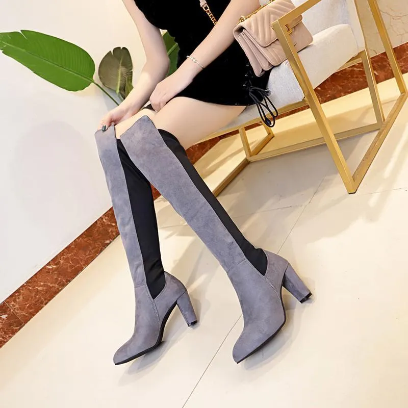 Chicvane New Women's Pointed Toe Slip-On Chunky Heel Over The Knee Boots
