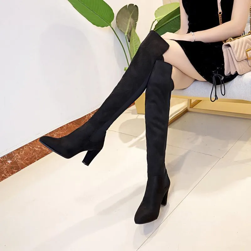 Chicvane New Women's Pointed Toe Slip-On Chunky Heel Over The Knee Boots