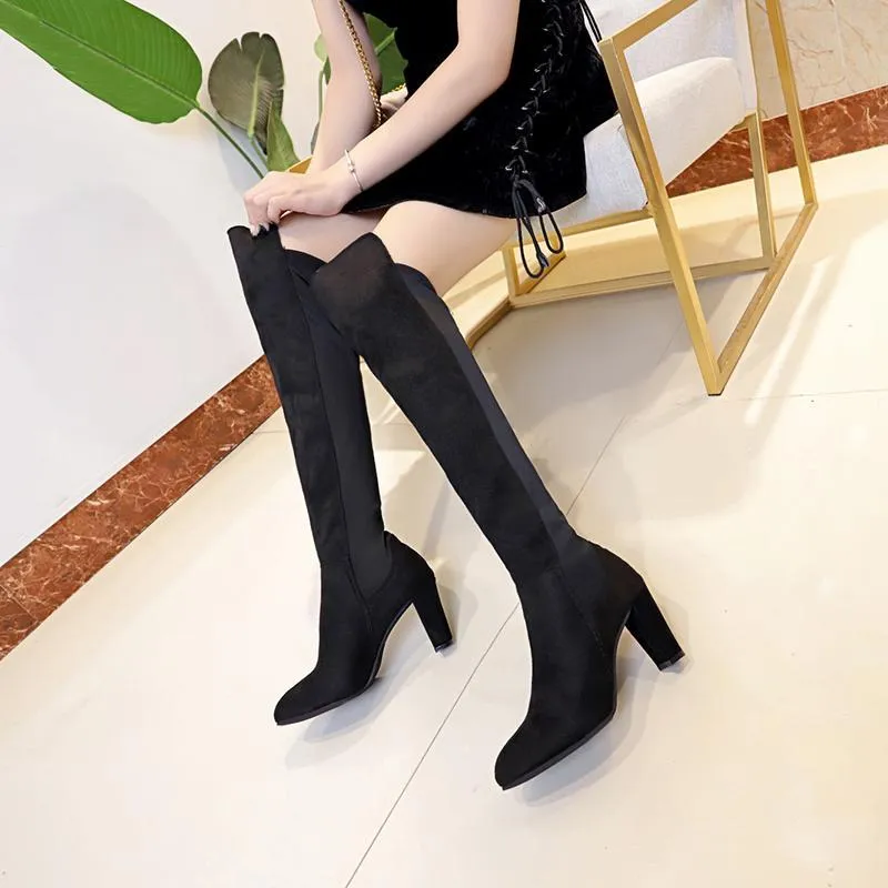 Chicvane New Women's Pointed Toe Slip-On Chunky Heel Over The Knee Boots