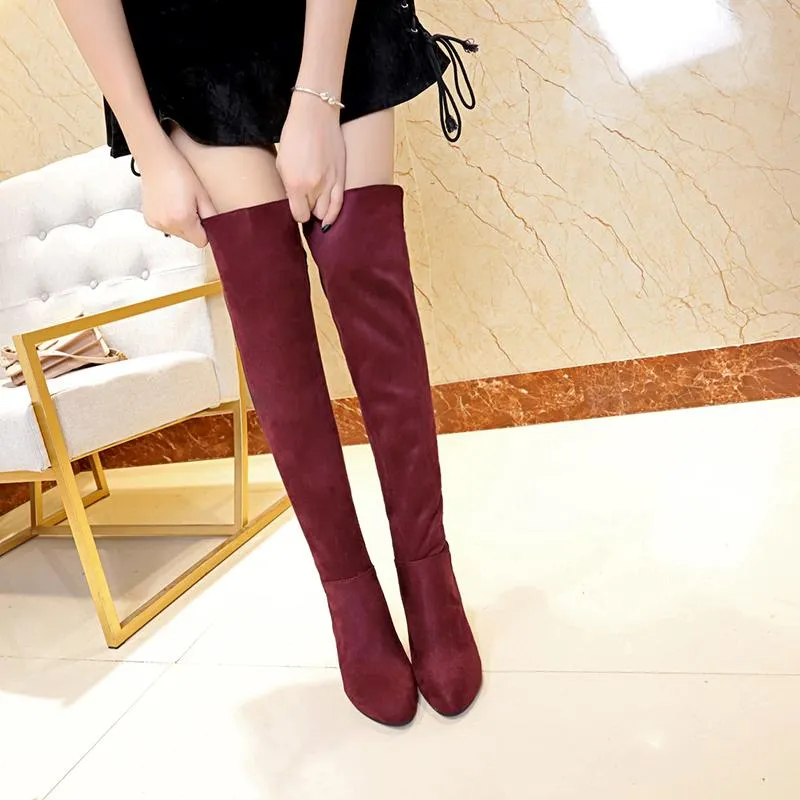 Chicvane New Women's Pointed Toe Slip-On Chunky Heel Over The Knee Boots