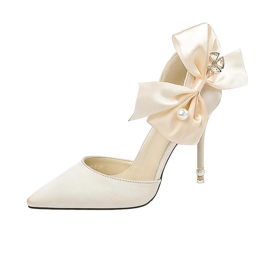 Chicvane Pointed Toe Stiletto Heel Bridal Shoes with Satin Bow
