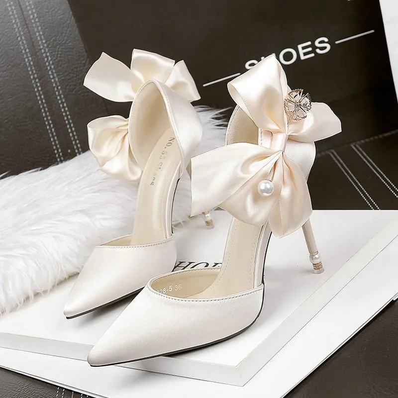 Chicvane Pointed Toe Stiletto Heel Bridal Shoes with Satin Bow