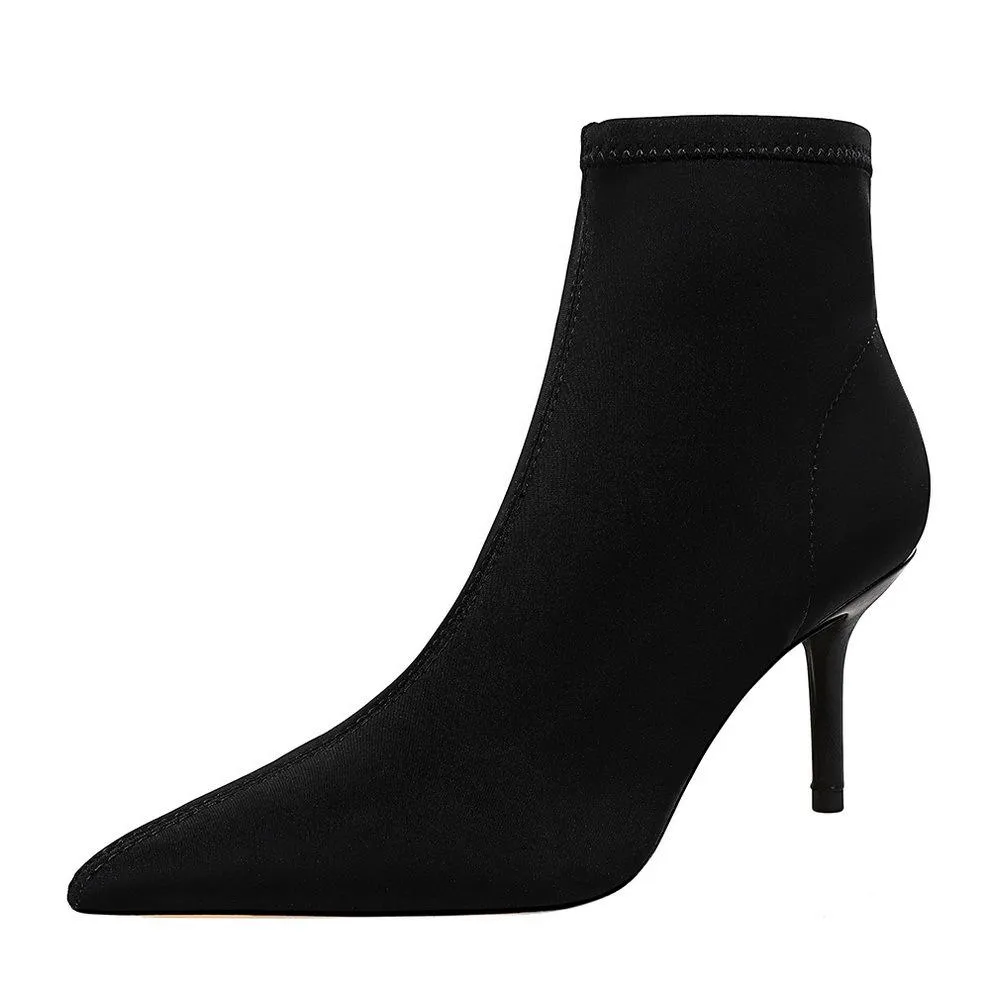 Chicvane Pointed Toe Stiletto Heel Stretch Mid Calf  Boots with Zipper