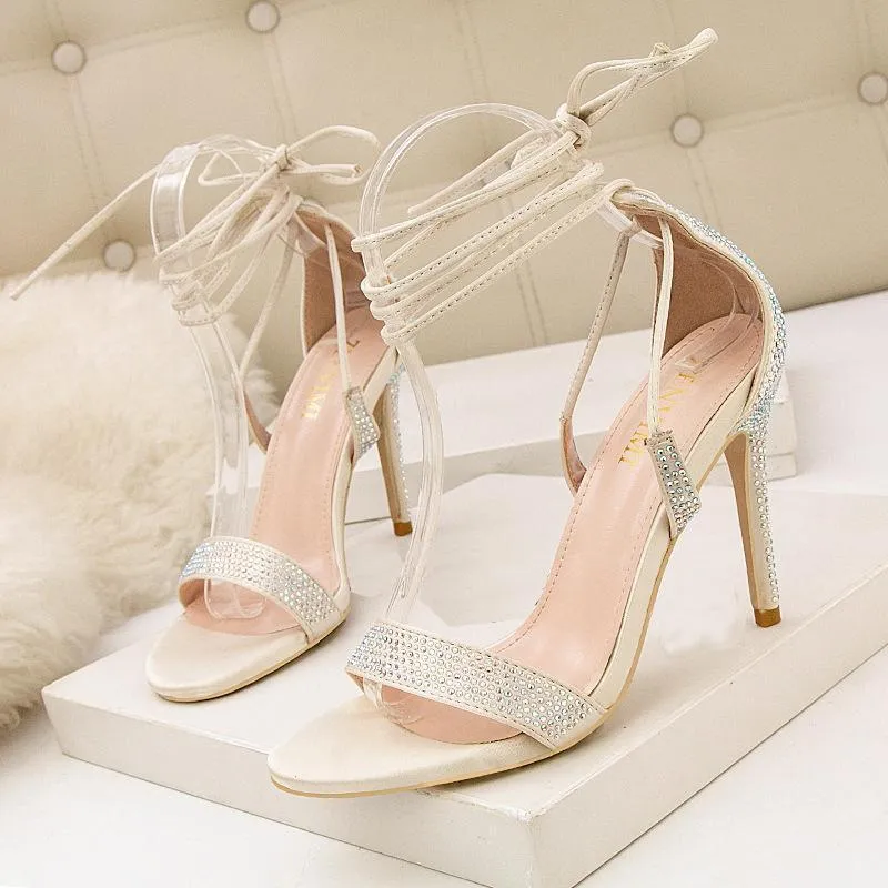 Chicvane Rhinestone Bridal Shoes Pointed Toe Stiletto Heel with Lace Up