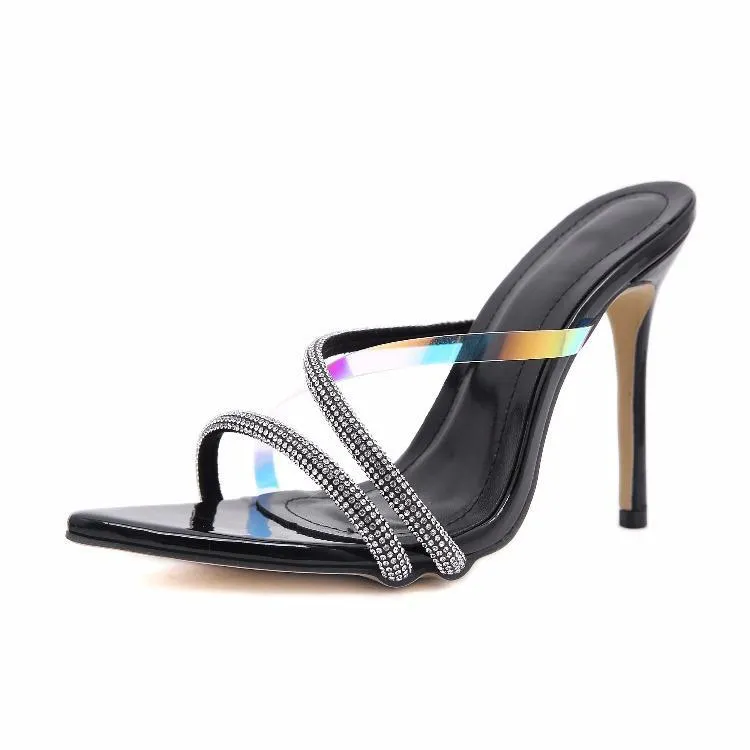 Chicvane Rhinestone Open Toe Stilettos Pointed Toe Slide Sandals