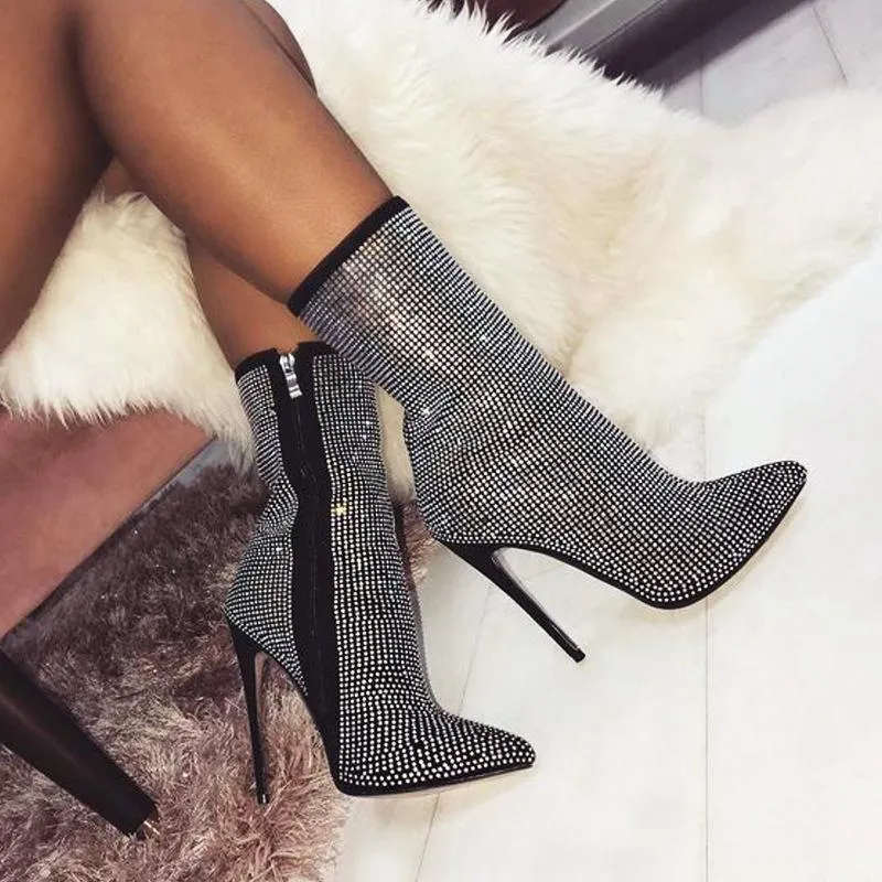 Chicvane Rhinestone Zipper Closure Pointed Toe Stiletto Heel Ankle Boots