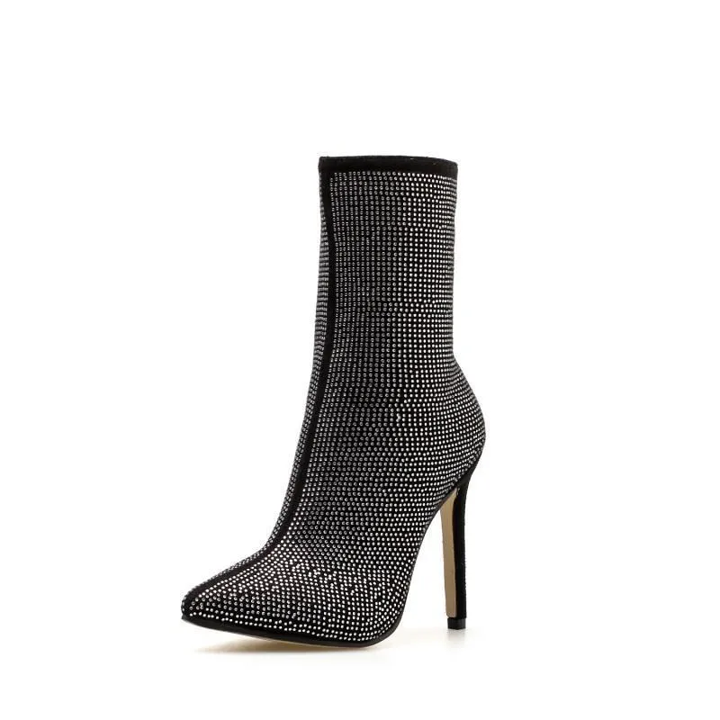 Chicvane Rhinestone Zipper Closure Pointed Toe Stiletto Heel Ankle Boots