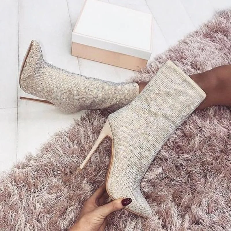 Chicvane Rhinestone Zipper Closure Pointed Toe Stiletto Heel Ankle Boots