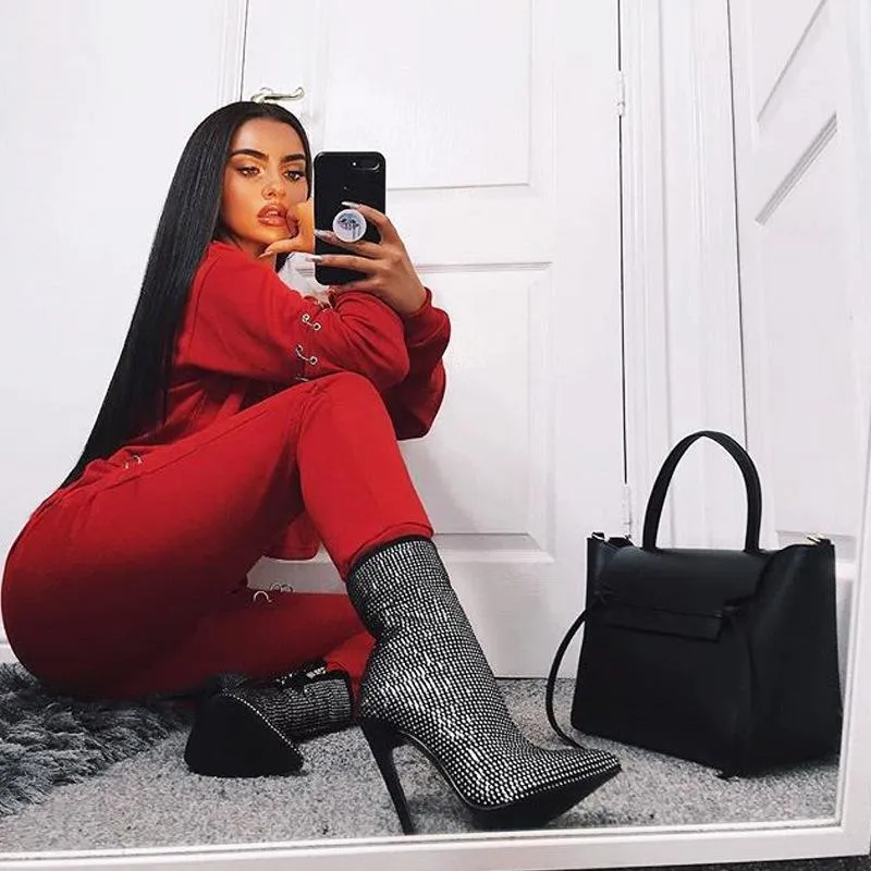Chicvane Rhinestone Zipper Closure Pointed Toe Stiletto Heel Ankle Boots