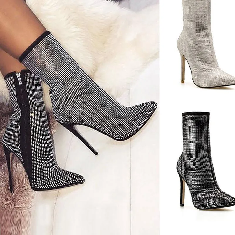 Chicvane Rhinestone Zipper Closure Pointed Toe Stiletto Heel Ankle Boots