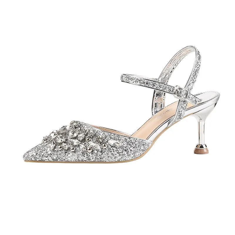 Chicvane Sequined Pointed Toe Stiletto Heel Bridal Shoes with Rhinestones