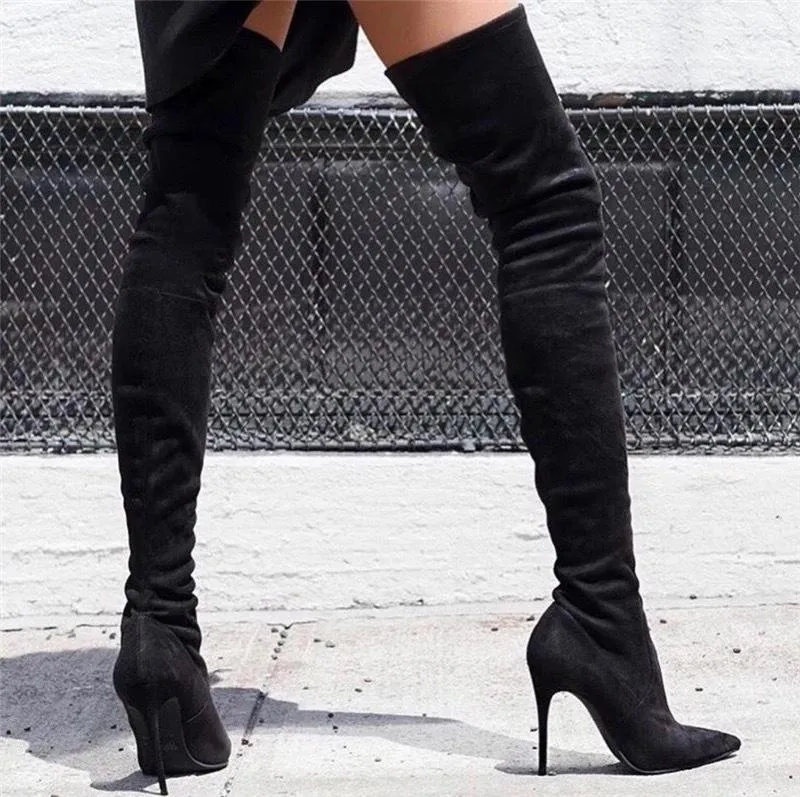 Chicvane Suede Pointed Toe Stiletto Heel Over The Knee Boots For Girls