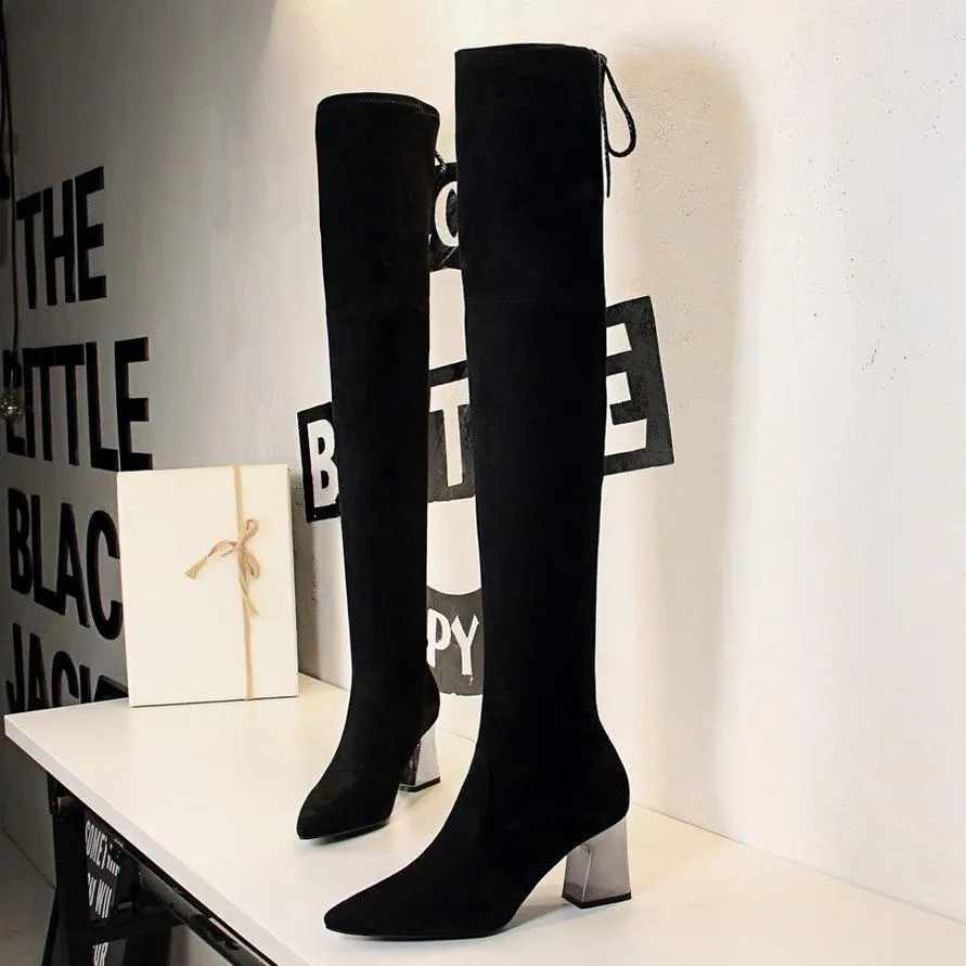 Chicvane Women  Lace Up Stretch Suede Pointed Toe Metal Chunky Heel Over The Knee Boots