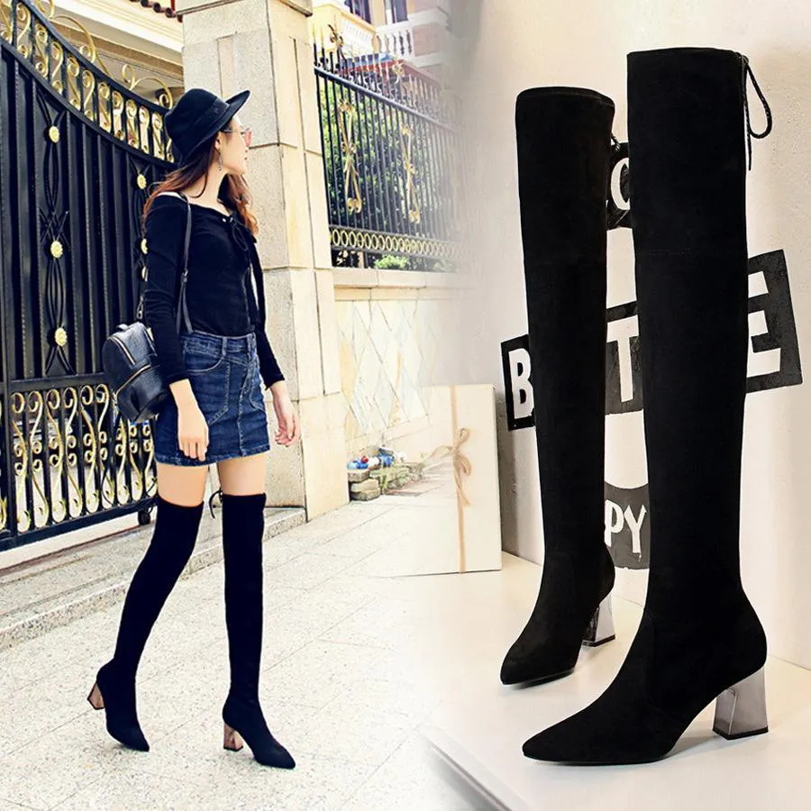Chicvane Women  Lace Up Stretch Suede Pointed Toe Metal Chunky Heel Over The Knee Boots