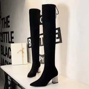 Chicvane Women  Lace Up Stretch Suede Pointed Toe Metal Chunky Heel Over The Knee Boots