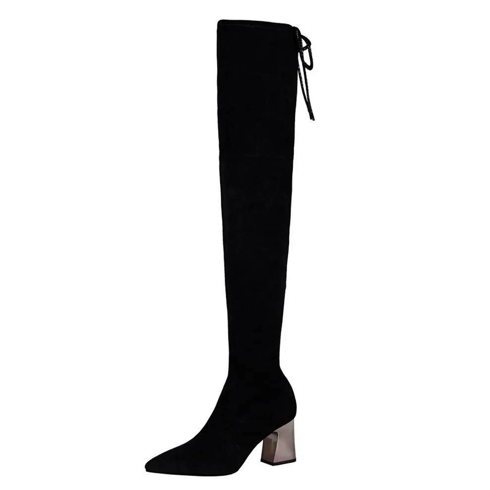 Chicvane Women  Lace Up Stretch Suede Pointed Toe Metal Chunky Heel Over The Knee Boots