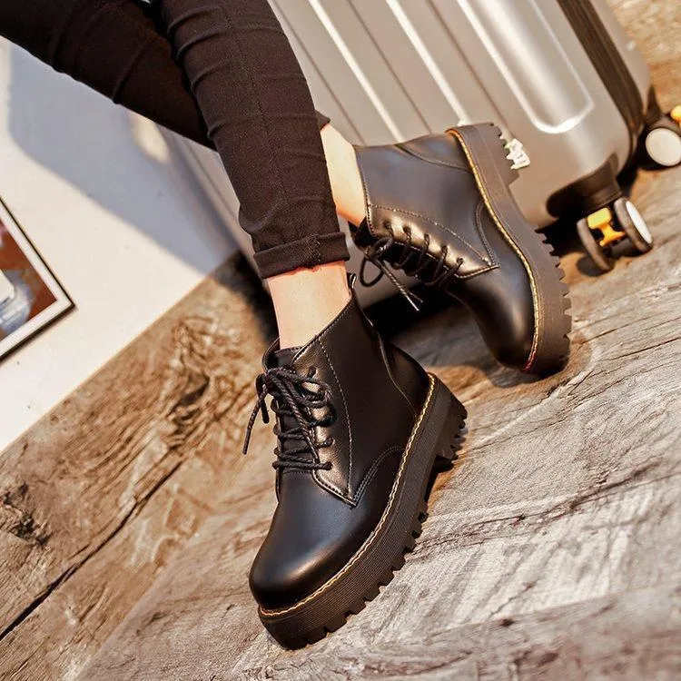 Chicvane Womens PU Round Toe Platform Heels Lace Up Ankle  Martin Boots