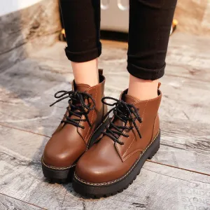 Chicvane Womens PU Round Toe Platform Heels Lace Up Ankle  Martin Boots