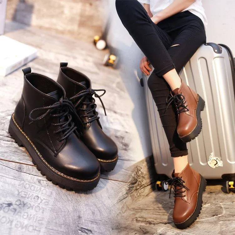 Chicvane Womens PU Round Toe Platform Heels Lace Up Ankle  Martin Boots